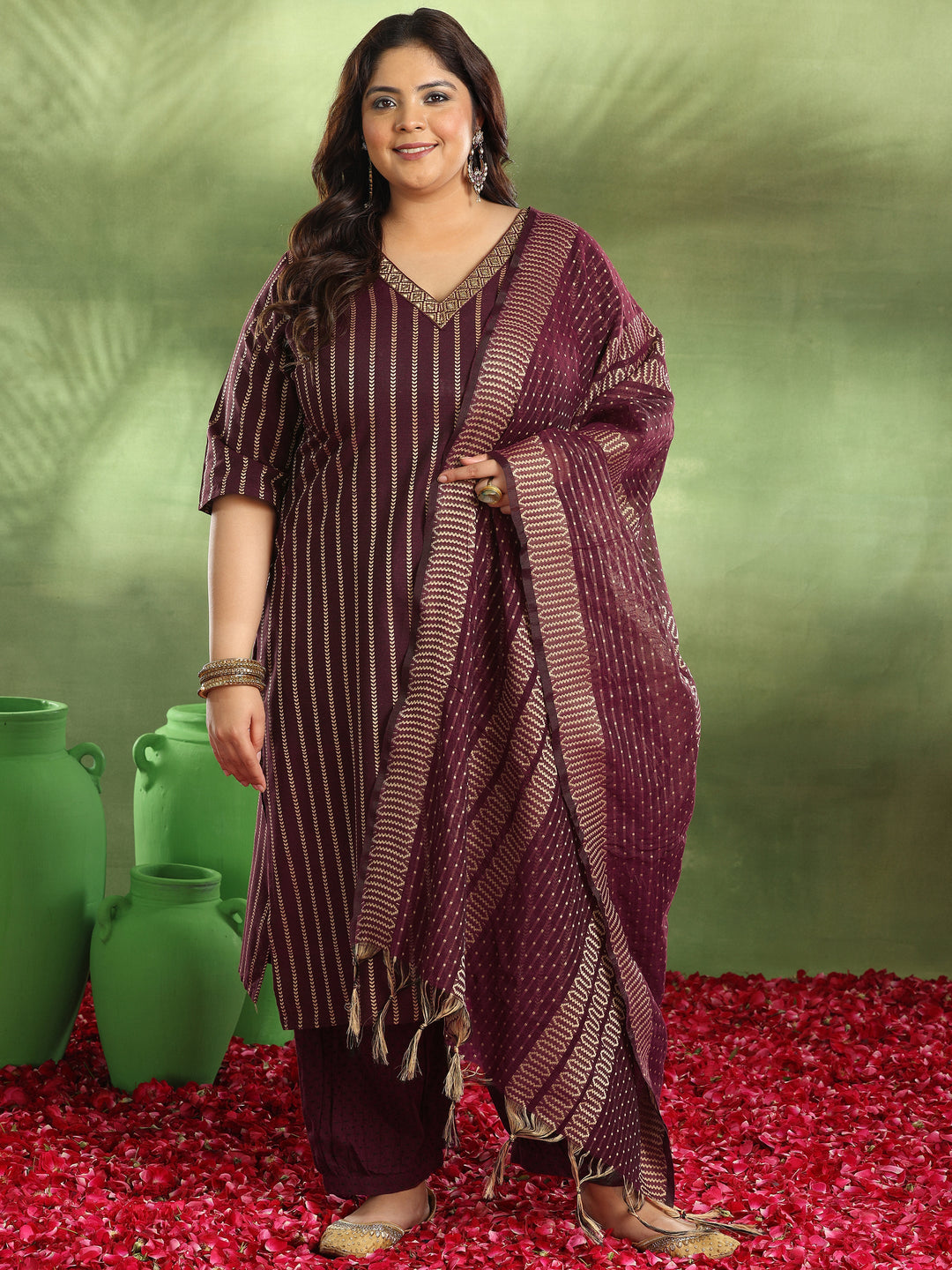 Plus Size Maroon Woven Design Cotton Blend Straight Suit With Dupatta
