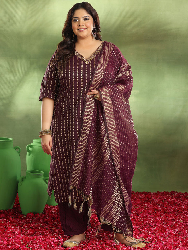 Plus Size Maroon Woven Design Cotton Blend Straight Suit With Dupatta