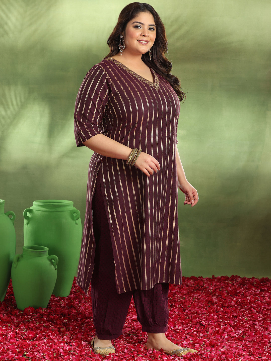 Plus Size Maroon Woven Design Cotton Blend Straight Suit With Dupatta