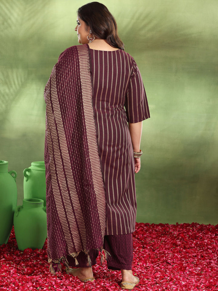 Plus Size Maroon Woven Design Cotton Blend Straight Suit With Dupatta