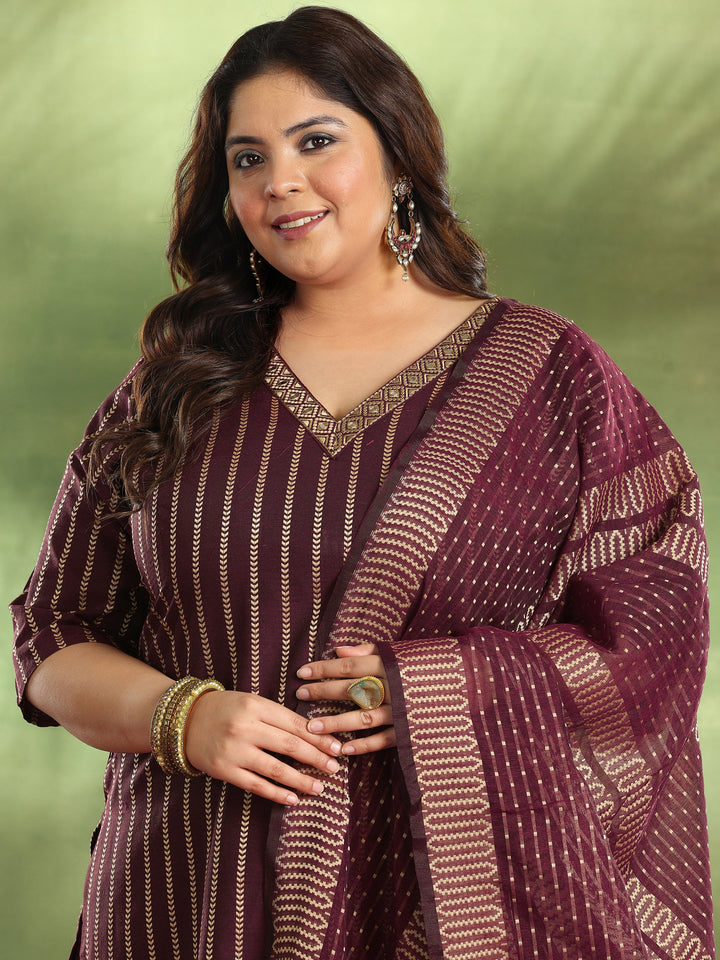 Plus Size Maroon Woven Design Cotton Blend Straight Suit With Dupatta