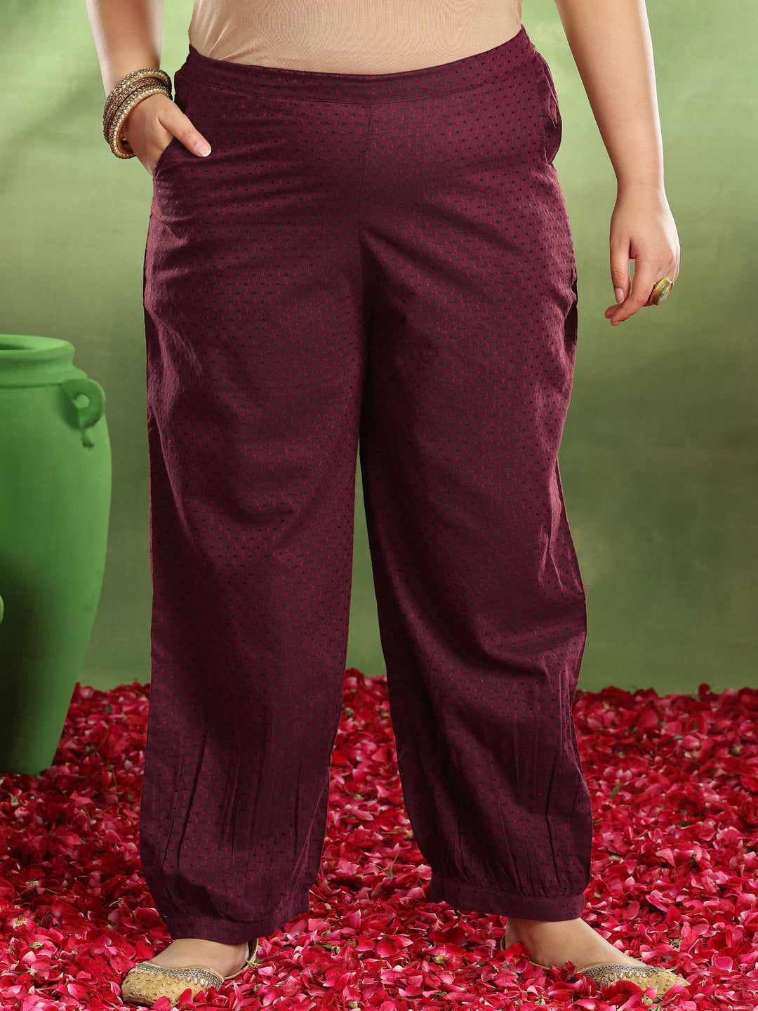 Plus Size Maroon Woven Design Cotton Blend Straight Suit With Dupatta