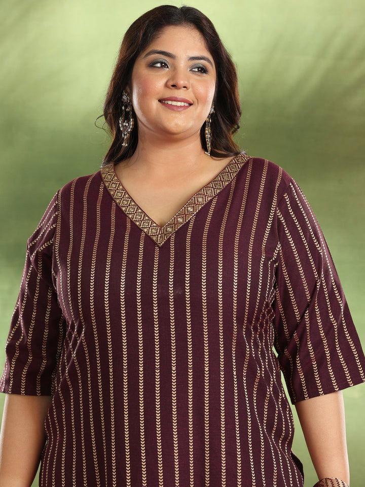 Plus Size Maroon Woven Design Cotton Blend Straight Suit With Dupatta