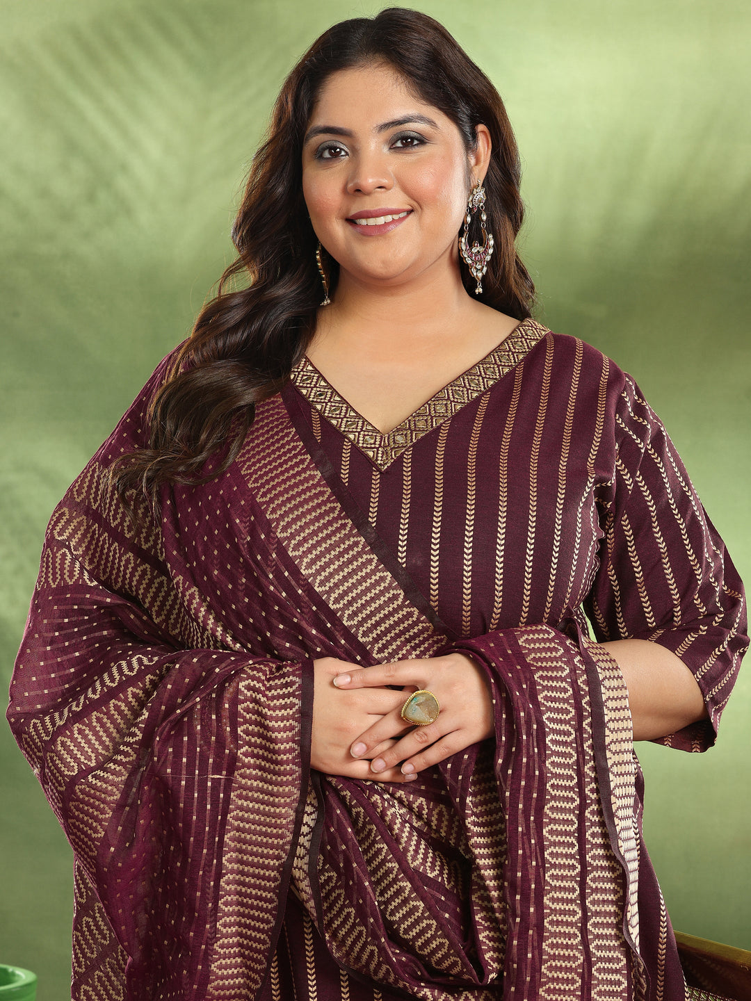 Plus Size Maroon Woven Design Cotton Blend Straight Suit With Dupatta