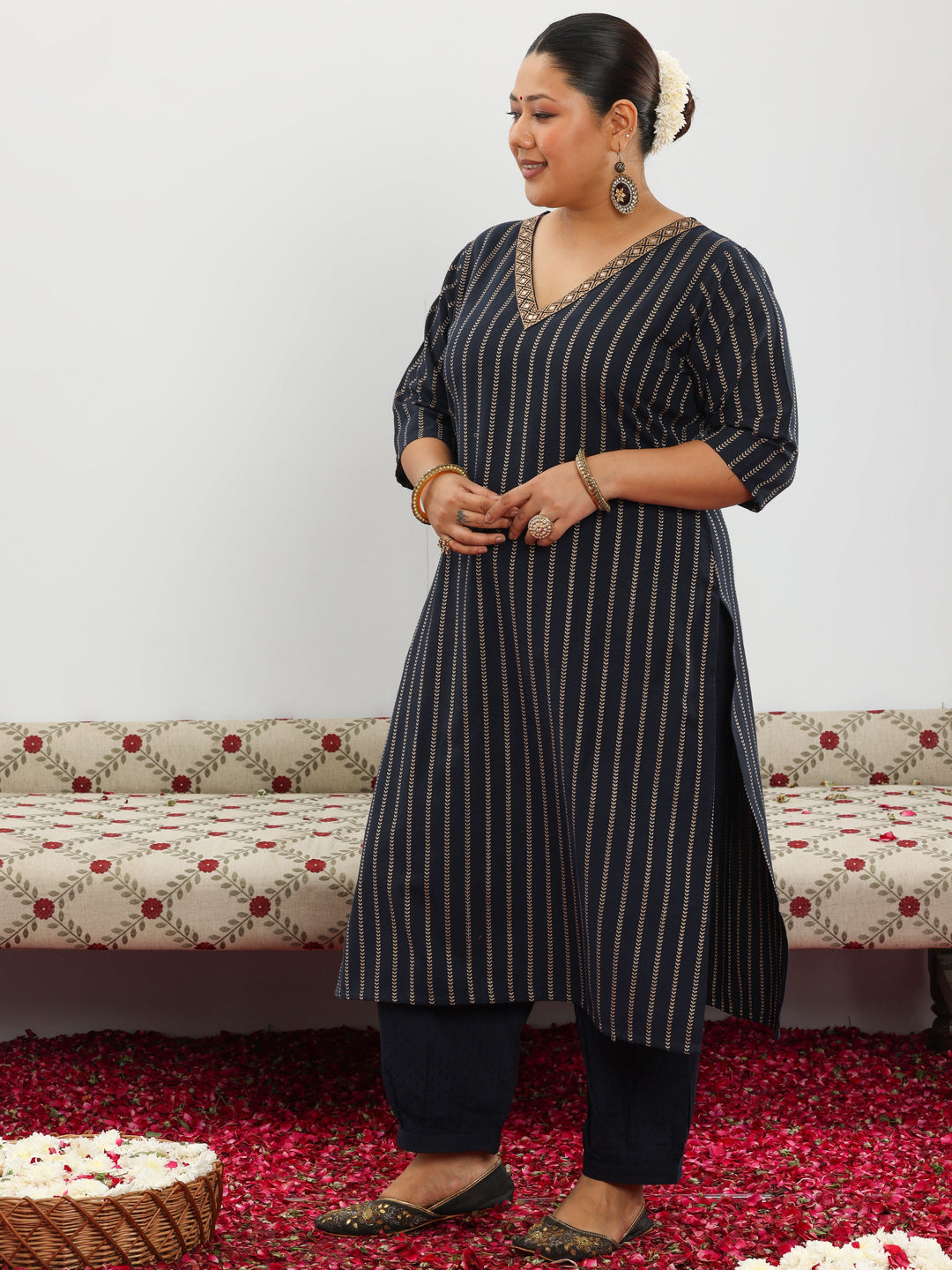 Plus Size Black Woven Design Cotton Blend Straight Suit With Dupatta