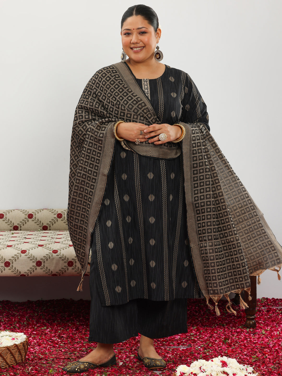 Plus Size Black Woven Design Cotton Blend Straight Suit With Dupatta