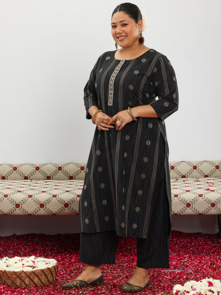 Plus Size Black Woven Design Cotton Blend Straight Suit With Dupatta