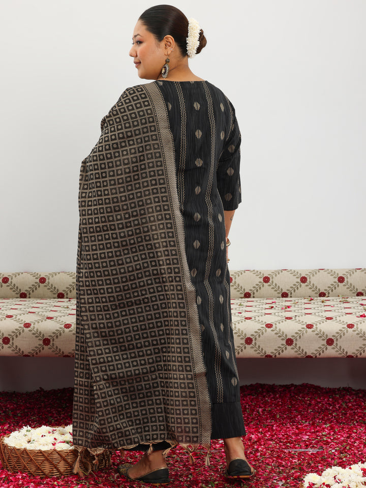 Plus Size Black Woven Design Cotton Blend Straight Suit With Dupatta