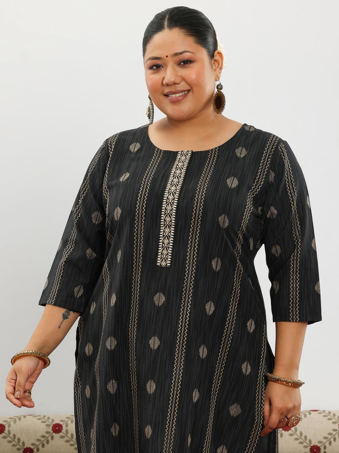 Plus Size Black Woven Design Cotton Blend Straight Suit With Dupatta