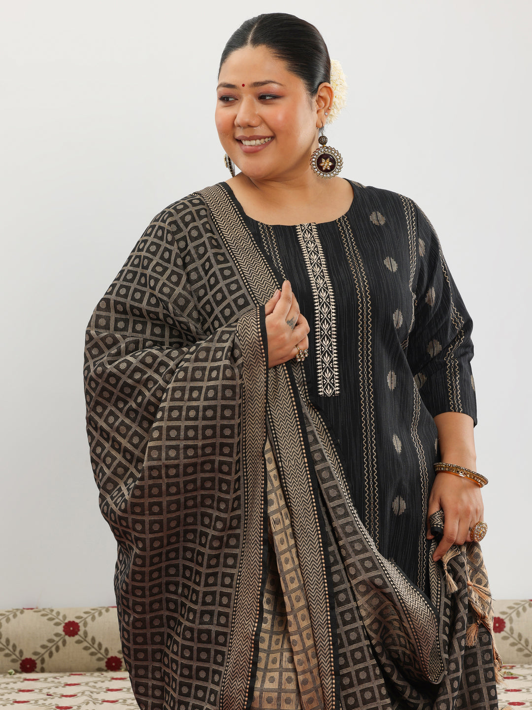 Plus Size Black Woven Design Cotton Blend Straight Suit With Dupatta