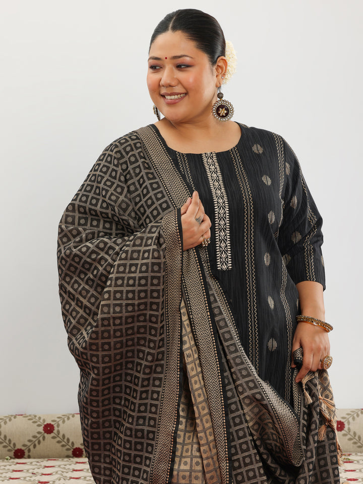 Plus Size Black Woven Design Cotton Blend Straight Suit With Dupatta