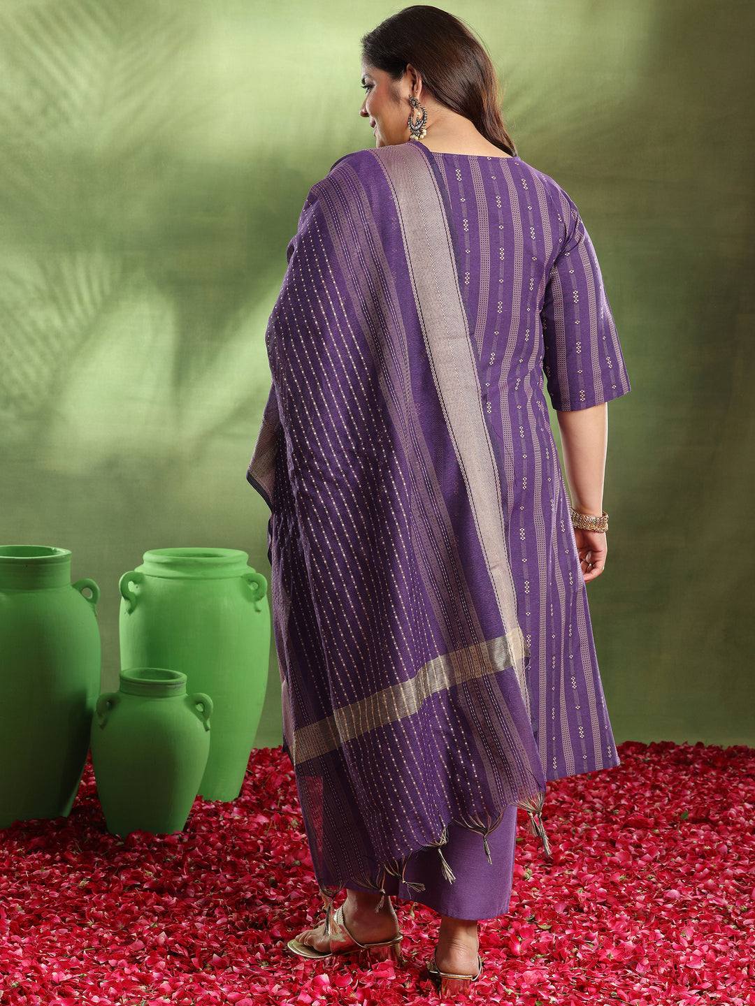 Plus Size Purple Woven Design Cotton Blend Straight Suit With Dupatta