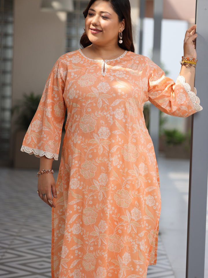 Plus Size Orange Printed Cotton Blend Straight Suit With Dupatta