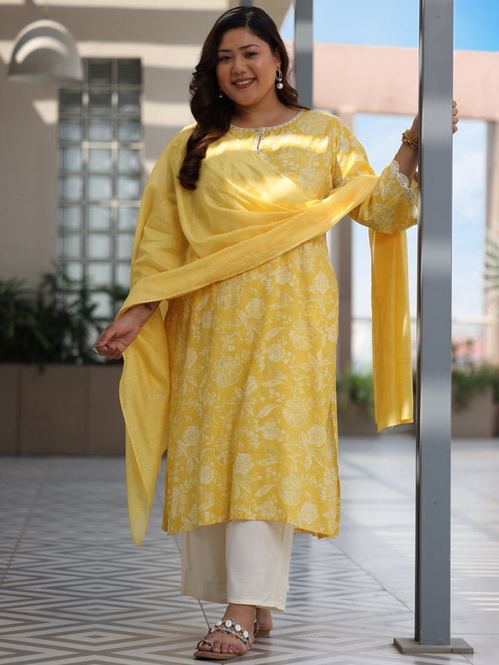 Plus Size Yellow Printed Cotton Blend Straight Suit With Dupatta