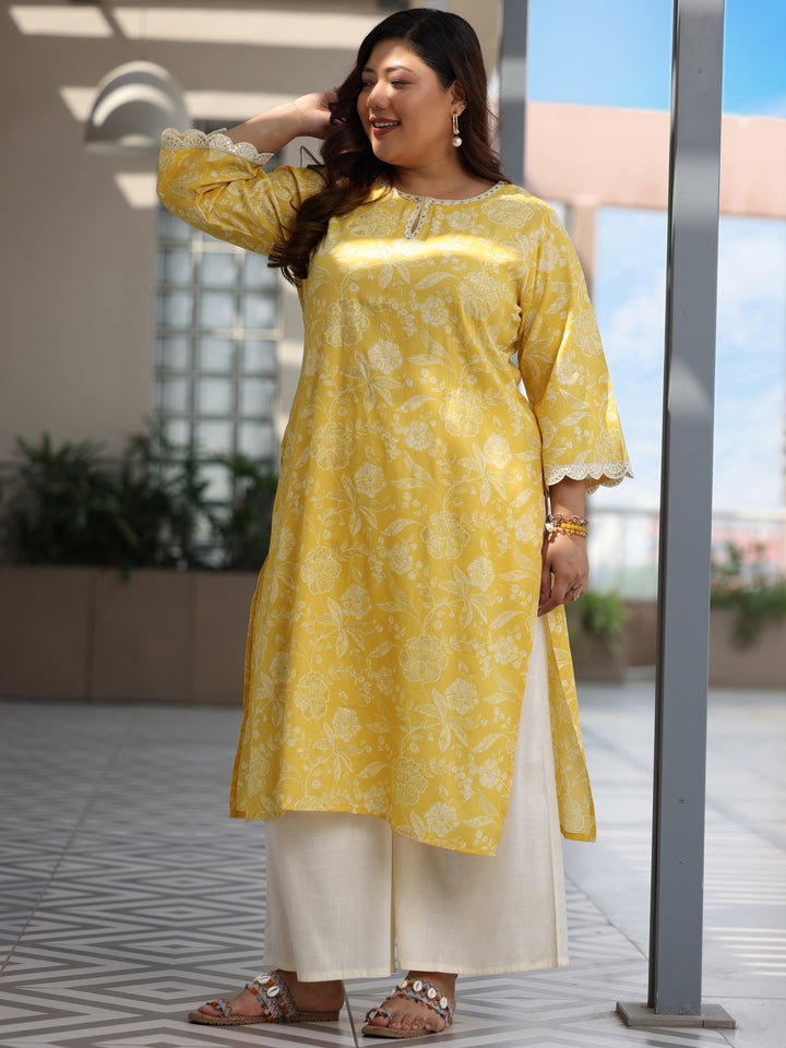 Plus Size Yellow Printed Cotton Blend Straight Suit With Dupatta