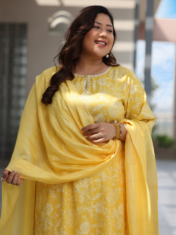Plus Size Yellow Printed Cotton Blend Straight Suit With Dupatta