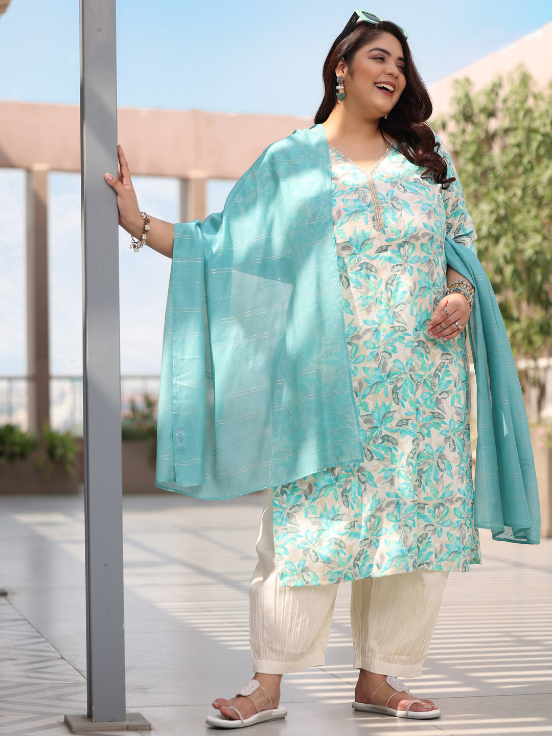 Plus Size Blue Printed Cotton Blend Straight Suit With Dupatta