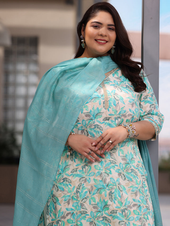Plus Size Blue Printed Cotton Blend Straight Suit With Dupatta