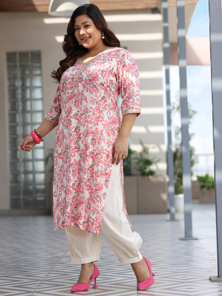 Plus Size Pink Printed Cotton Blend Straight Suit With Dupatta