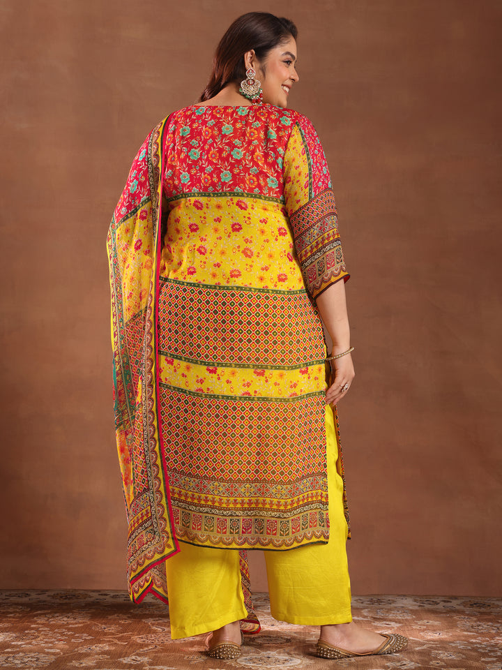 Plus Size Mutli Printed Organza Straight Suit With Dupatta