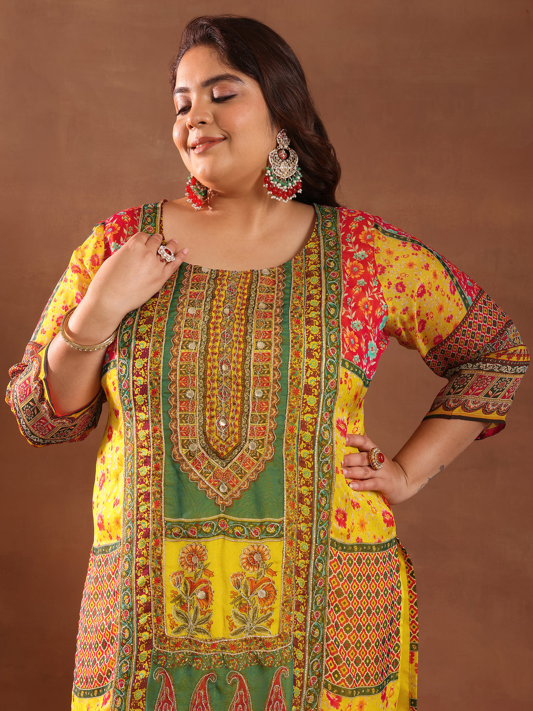 Plus Size Mutli Printed Organza Straight Suit With Dupatta