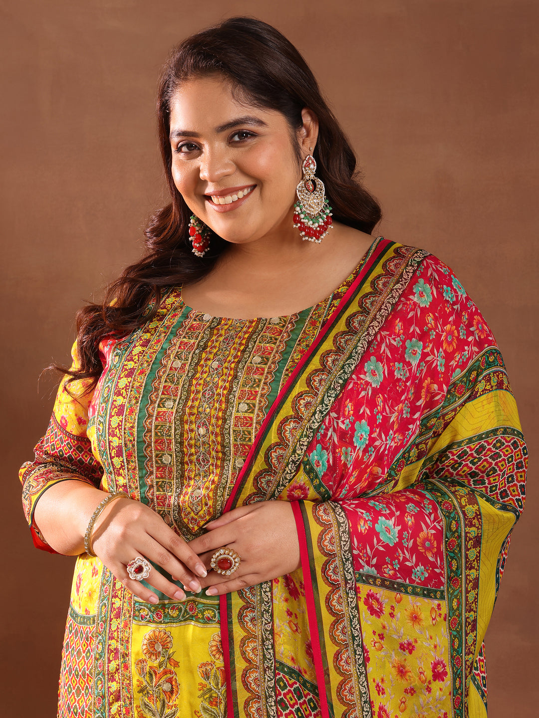 Plus Size Mutli Printed Organza Straight Suit With Dupatta