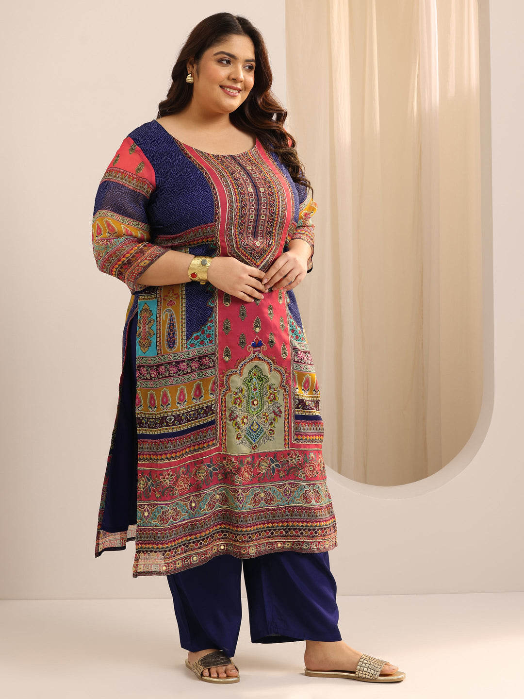 Plus Size Mutli Printed Organza Straight Suit Set With Dupatta