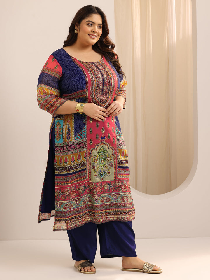 Plus Size Mutli Printed Organza Straight Suit Set With Dupatta