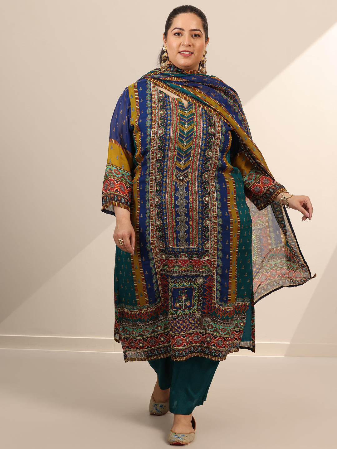 Plus Size Mutli Printed Organza Straight Suit Set With Dupatta