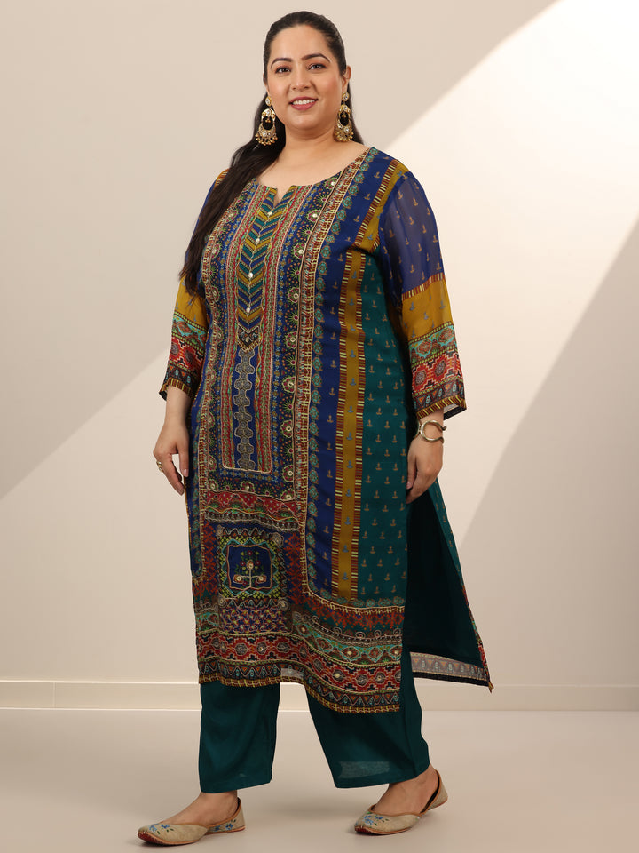 Plus Size Mutli Printed Organza Straight Suit Set With Dupatta