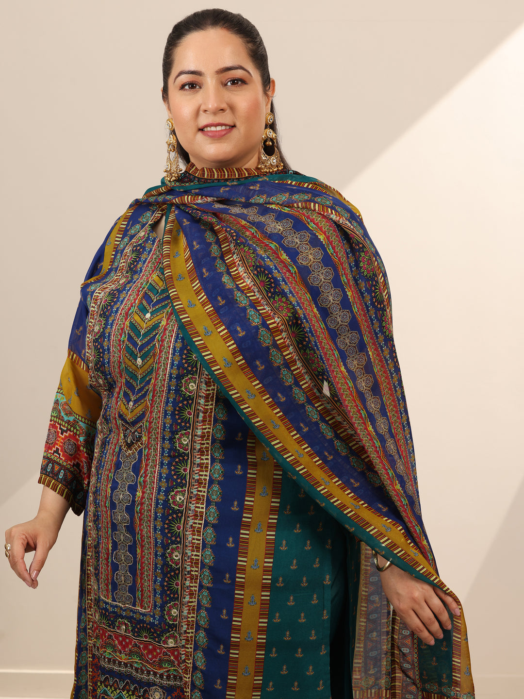 Plus Size Mutli Printed Organza Straight Suit Set With Dupatta