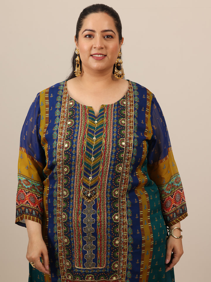 Plus Size Mutli Printed Organza Straight Suit Set With Dupatta