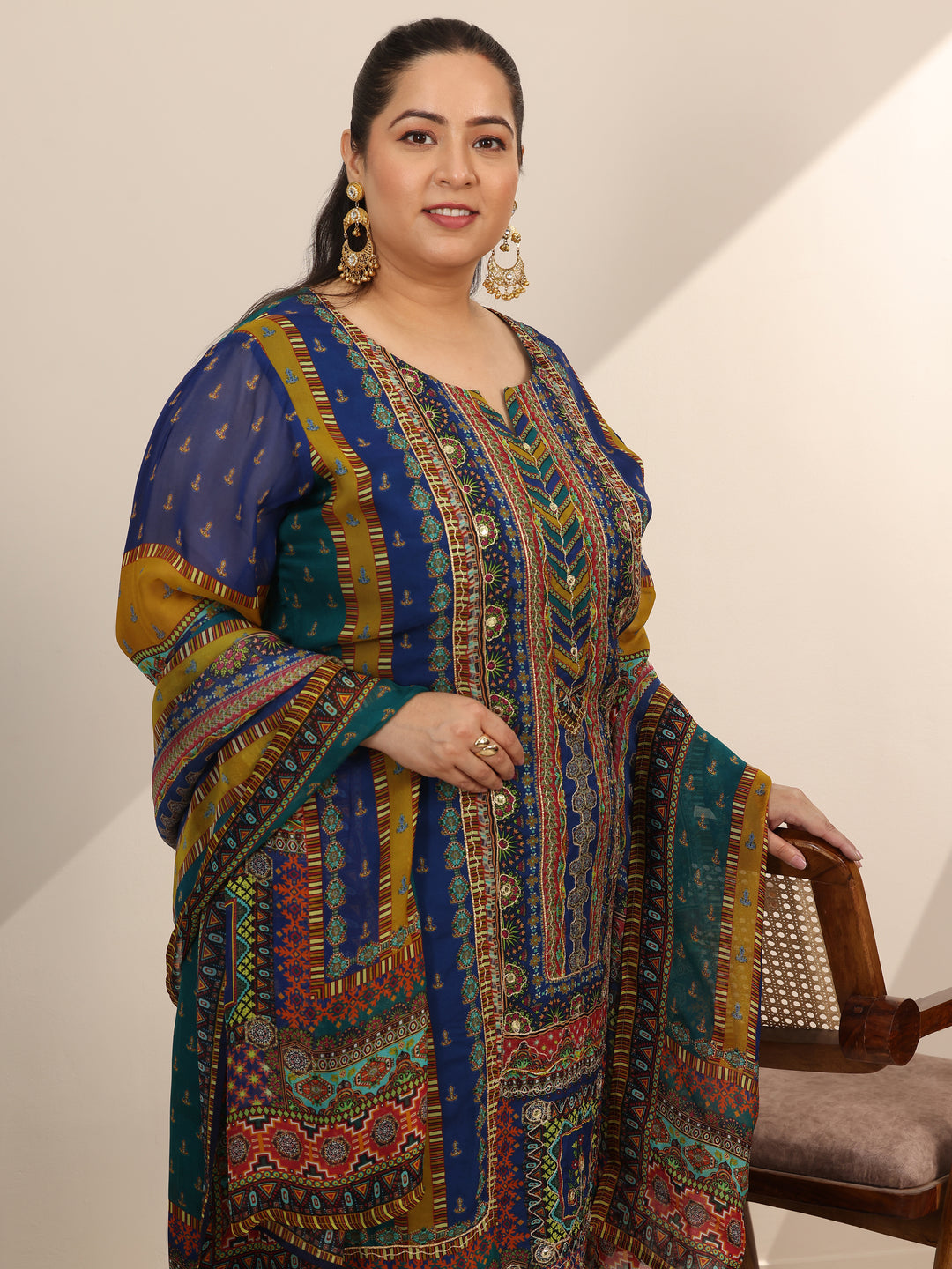 Plus Size Mutli Printed Organza Straight Suit Set With Dupatta