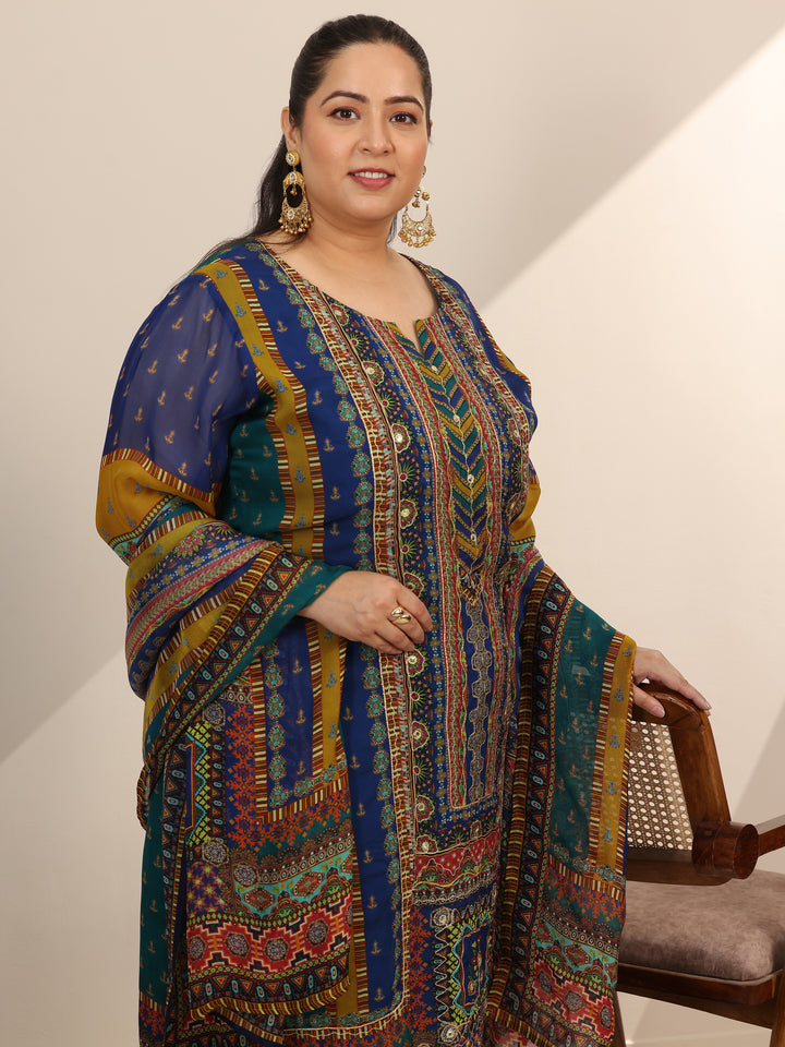 Plus Size Mutli Printed Organza Straight Suit Set With Dupatta