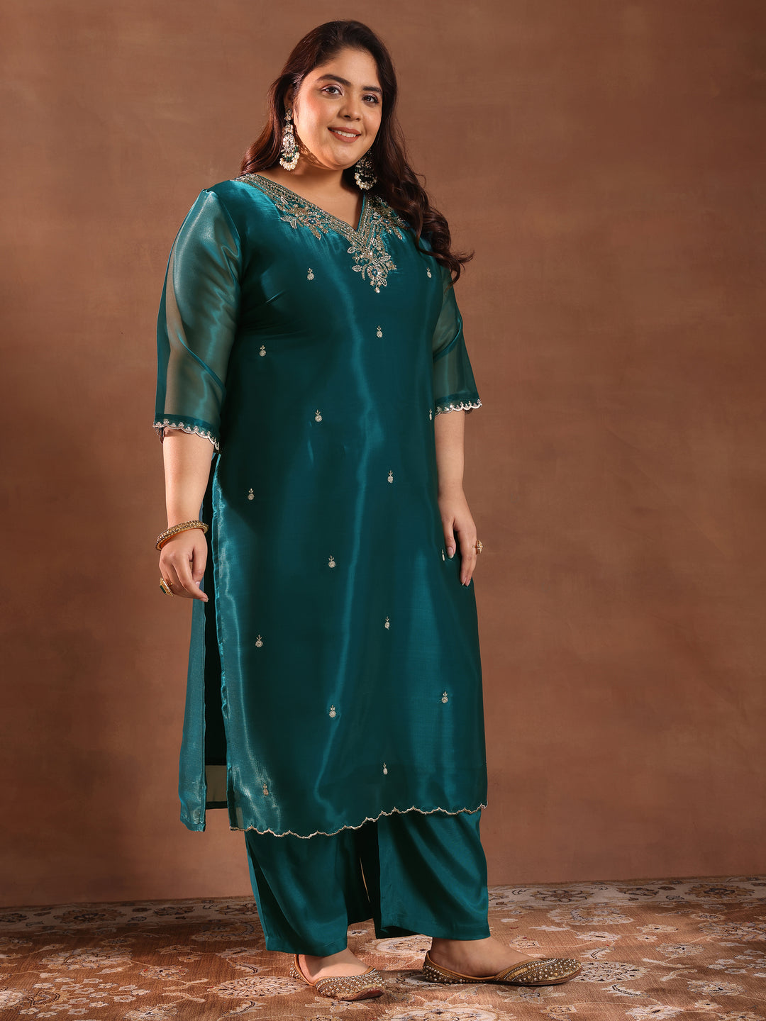 Plus Size Teal Yoke Design Tissue Straight Suit With Dupatta