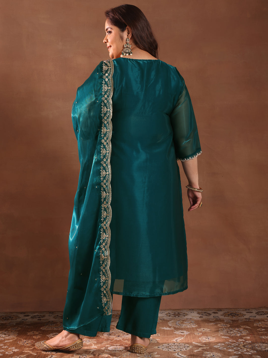 Plus Size Teal Yoke Design Tissue Straight Suit With Dupatta