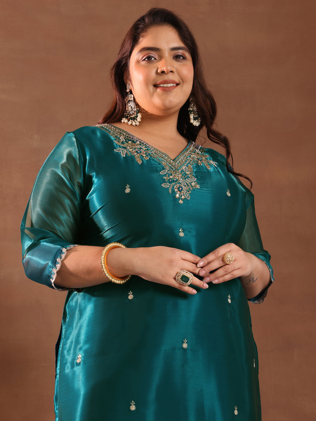 Plus Size Teal Yoke Design Tissue Straight Suit With Dupatta