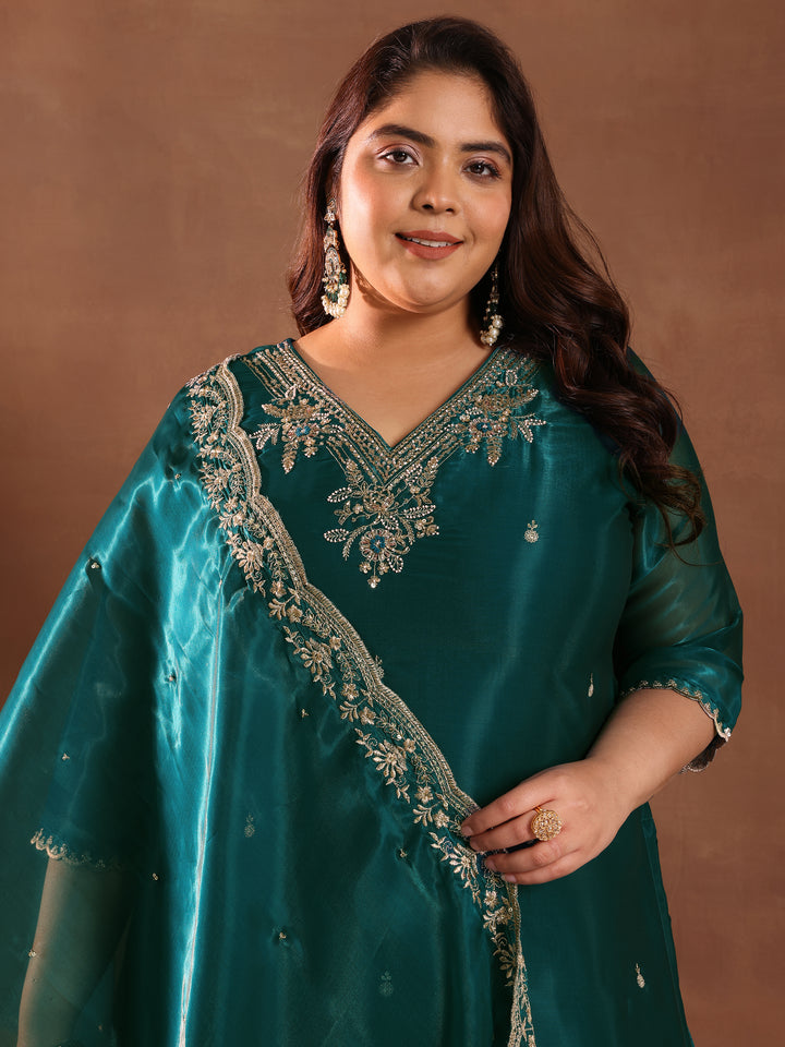 Plus Size Teal Yoke Design Tissue Straight Suit With Dupatta