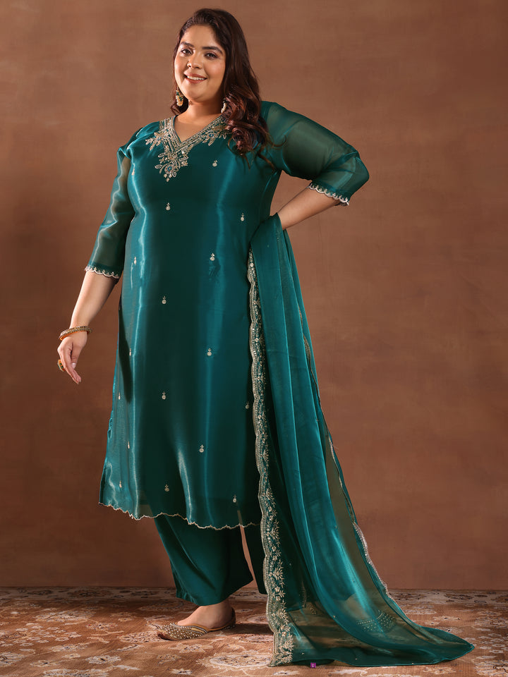 Plus Size Teal Yoke Design Tissue Straight Suit With Dupatta