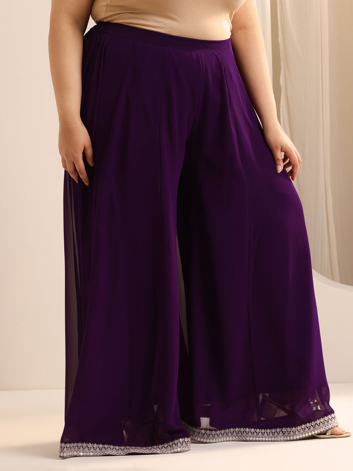 Plus Size Purple Embroidered Georgette A line Suit Set With Dupatta