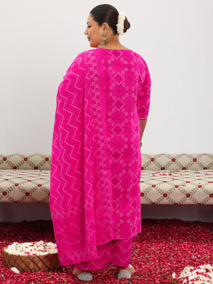 Plus Size Pink Printed Cotton Straight Suit With Dupatta