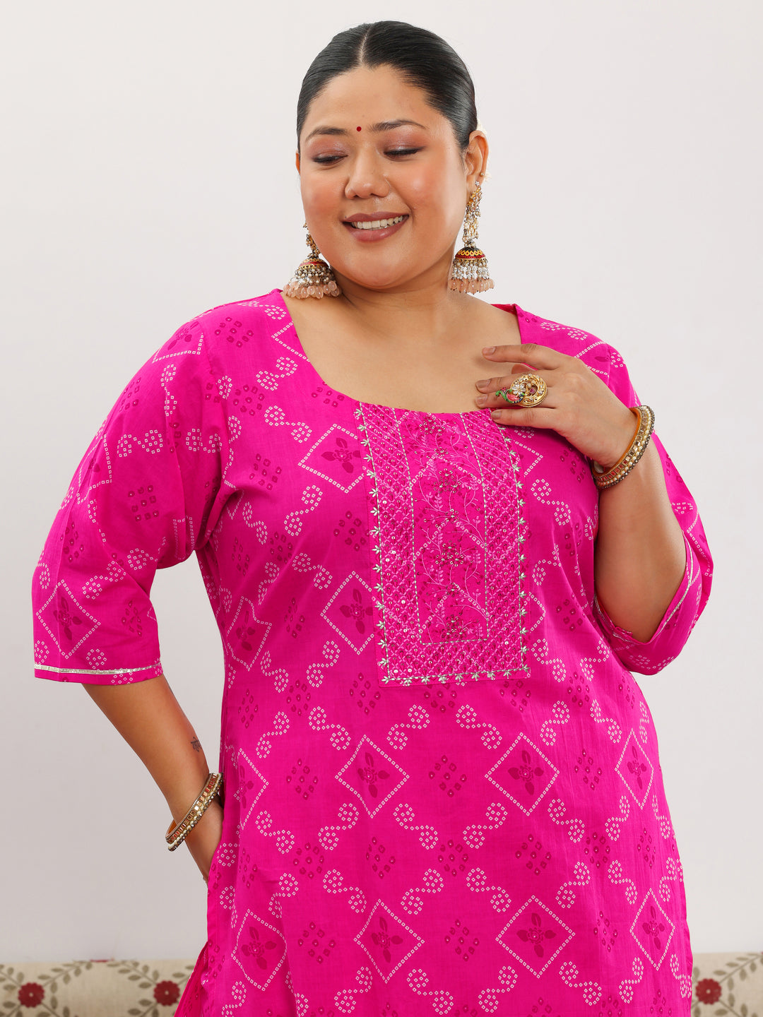 Plus Size Pink Printed Cotton Straight Suit With Dupatta