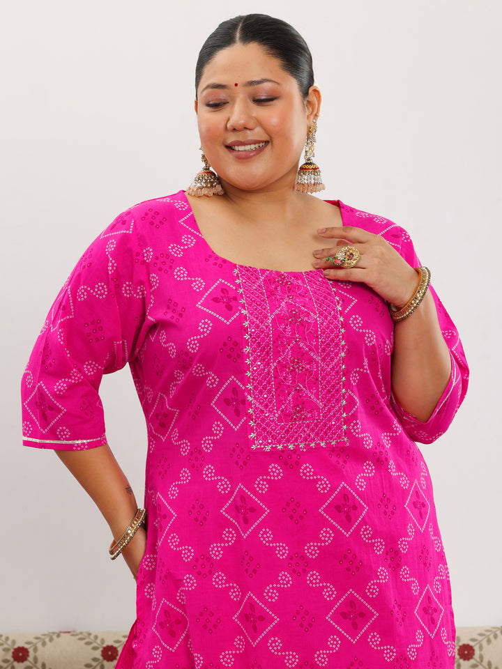 Plus Size Pink Printed Cotton Straight Suit With Dupatta