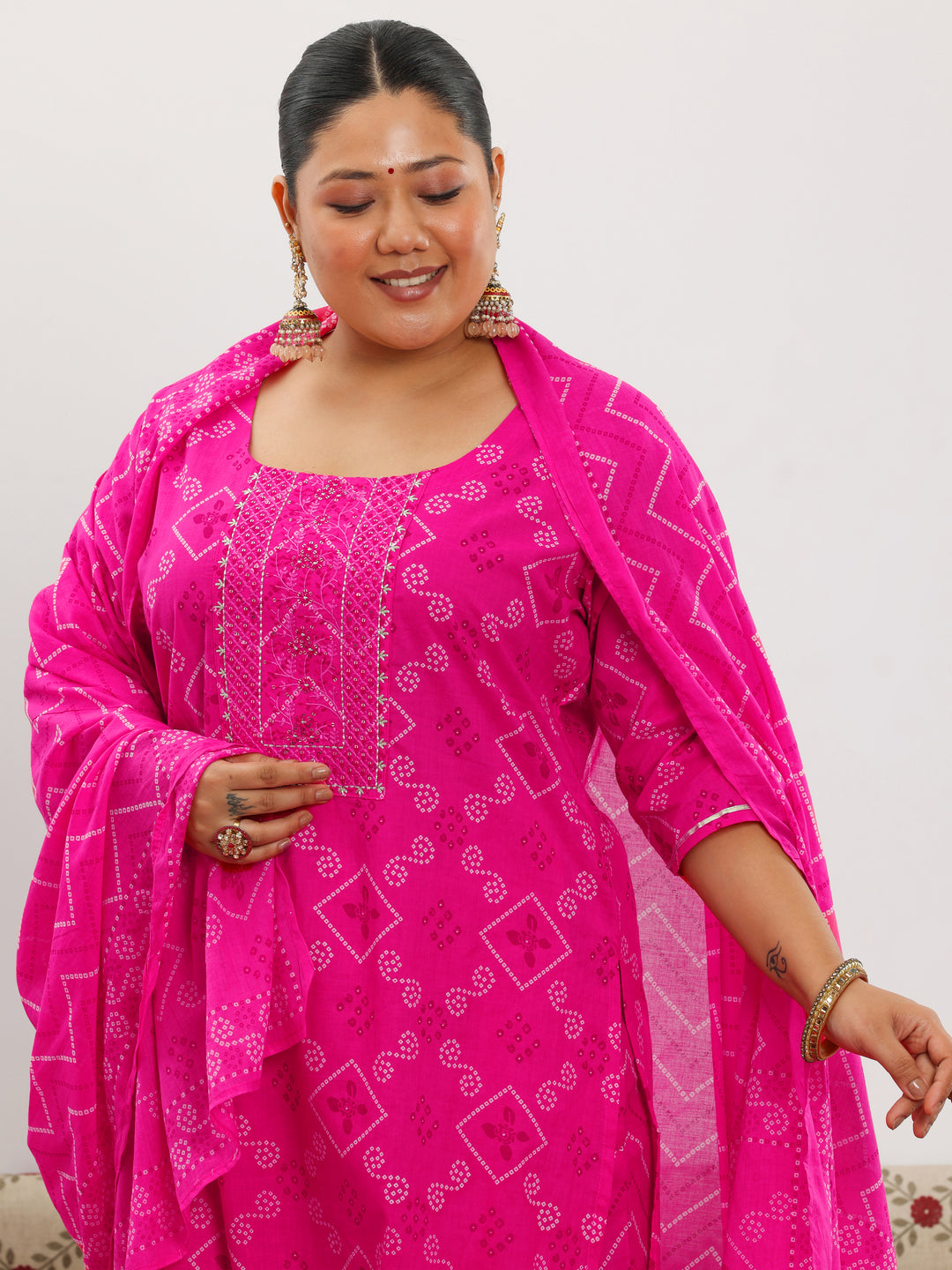 Plus Size Pink Printed Cotton Straight Suit With Dupatta