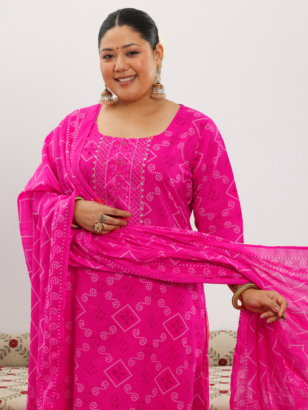Plus Size Pink Printed Cotton Straight Suit With Dupatta