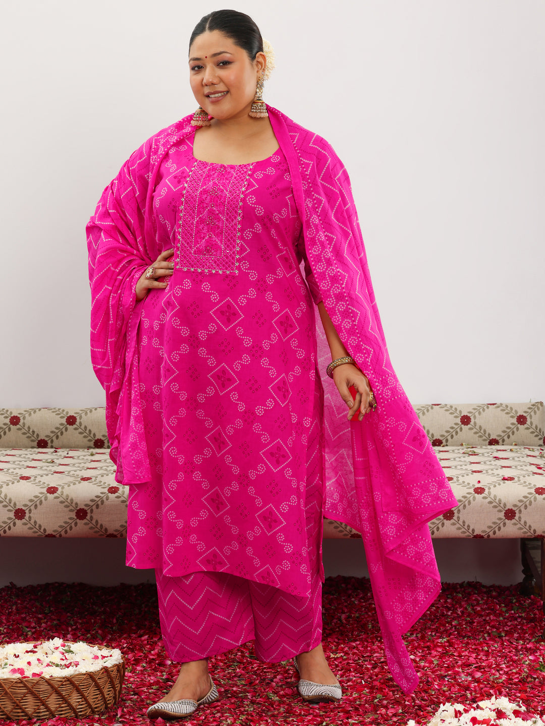 Plus Size Pink Printed Cotton Straight Suit With Dupatta