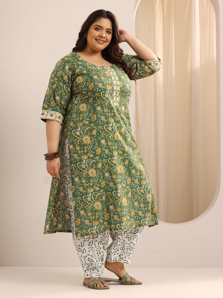 Plus Size Green Printed Cotton Straight Suit Set With Dupatta