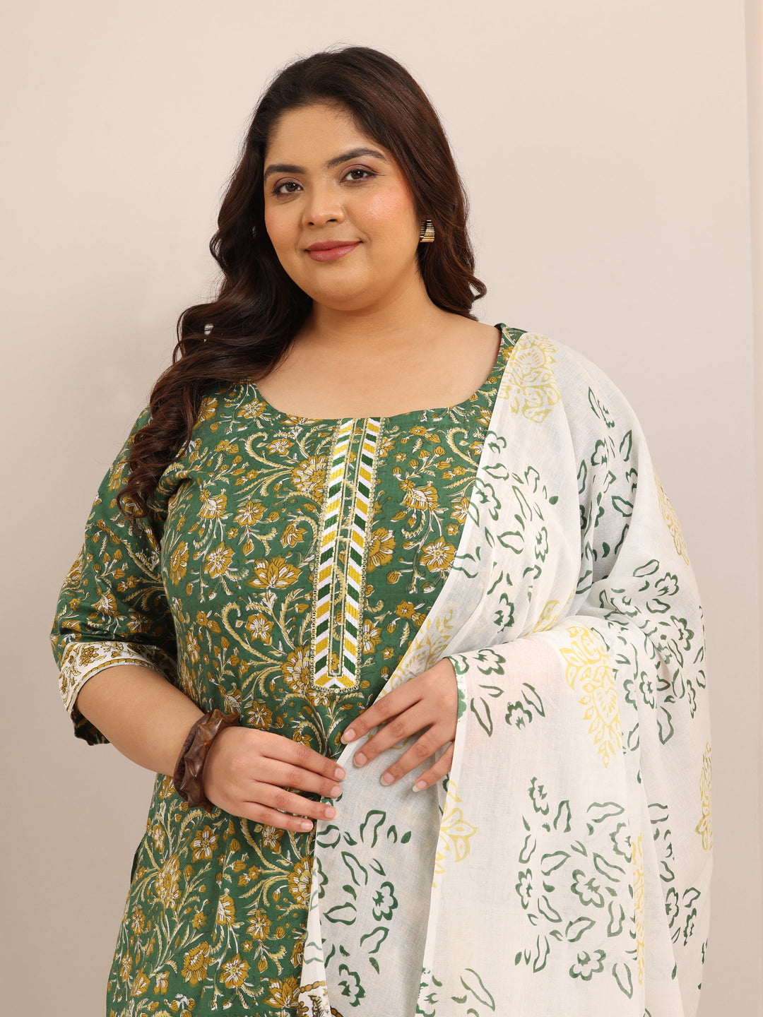 Plus Size Green Printed Cotton Straight Suit Set With Dupatta