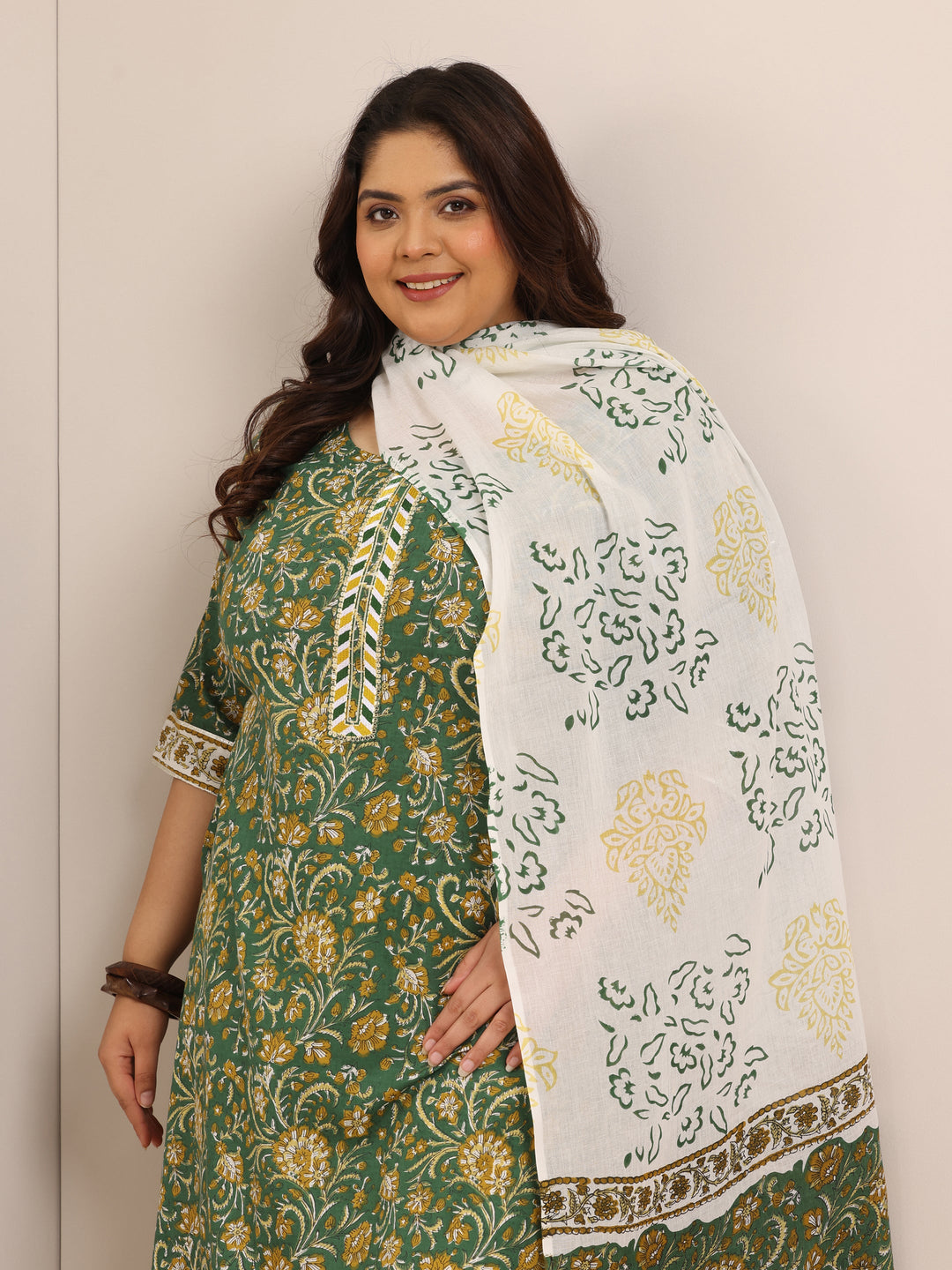 Plus Size Green Printed Cotton Straight Suit Set With Dupatta