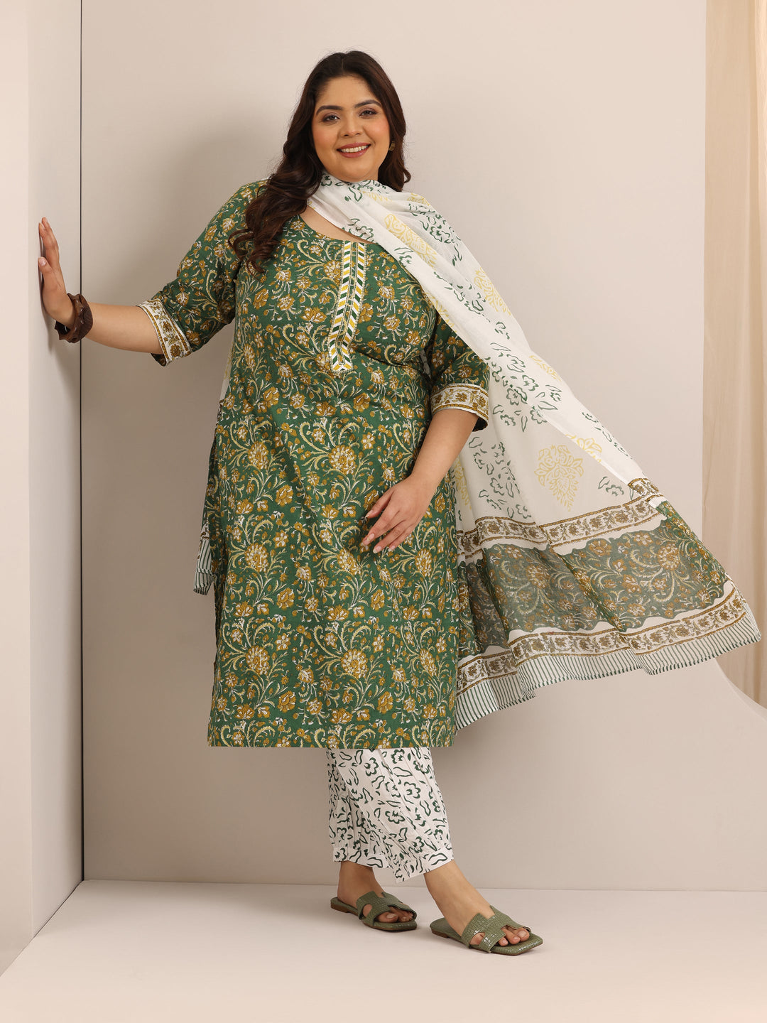 Plus Size Green Printed Cotton Straight Suit Set With Dupatta